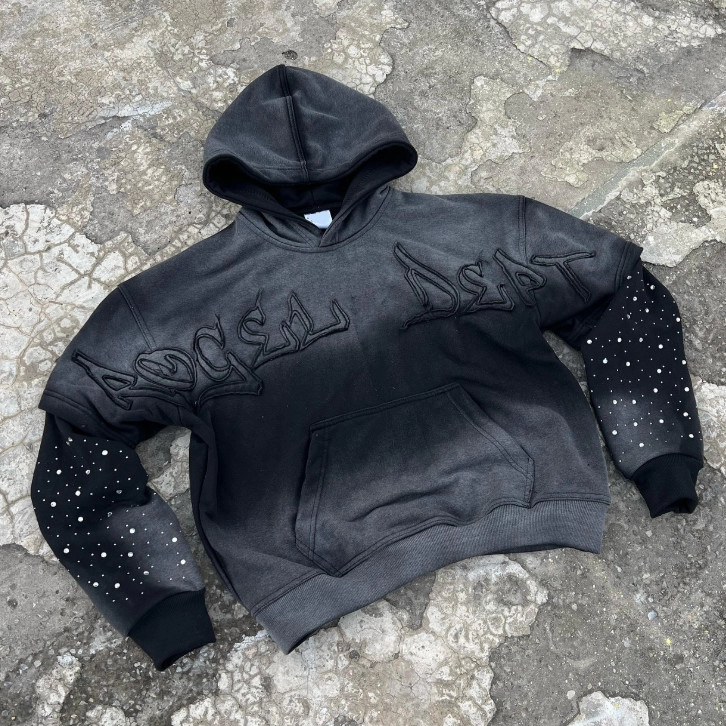 Sun Faded Distressed Mens Cropped Cotton Terry Heavyweight Zip Up Rivet Studded Rhinestone Hoodie