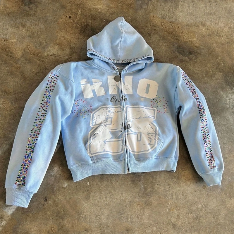 Cotton Heavyweight Silk Screen Printing Oversize Boxy Zip Up Rhinestone Hoodie