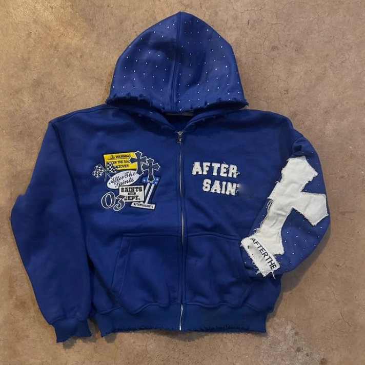 Distressed Embroidery Rhinestone Heavyweight French Terry Boxy Oversized Zip Up Hoodie