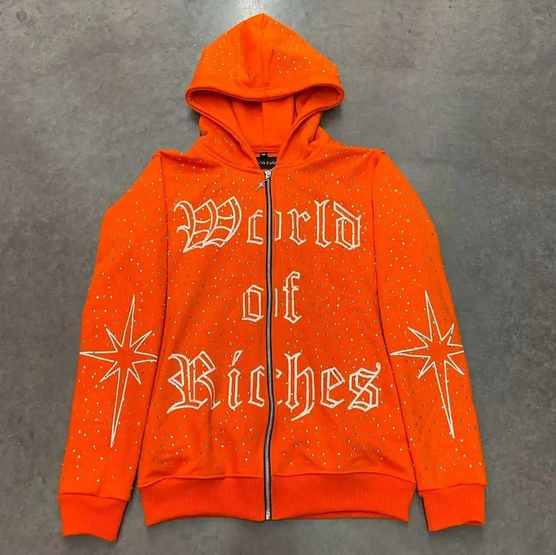 Embroidery Zip Hoodie Heavyweight Cotton French Terry Oversized Hoodies Custom Zipper Rhinestone Zip Up Hoodie