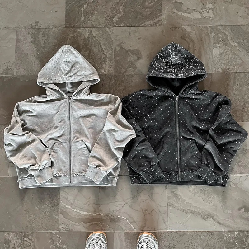 Heavyweight Zipper Hoodie Custom Cotton Terry Hoody Sweatshirt Streetwear Rhinestone Zip Up Hoodie