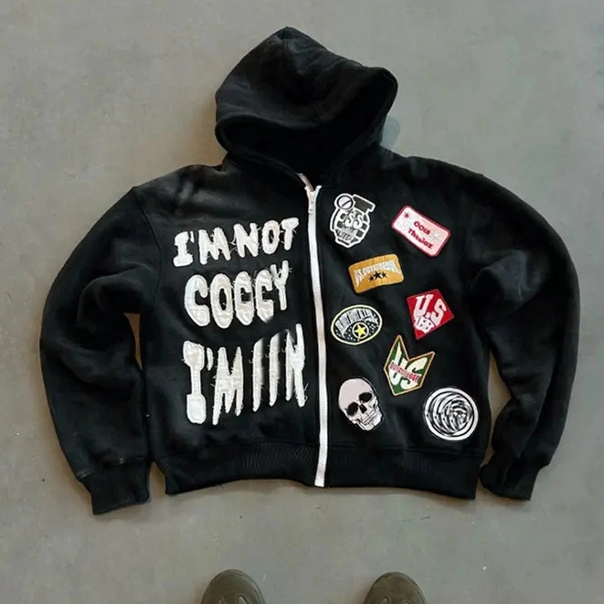 Zip Up Heavyweight Cotton Terry Hoodie With Box Fit And Distressed Patch Embroidery Seasonal Essential