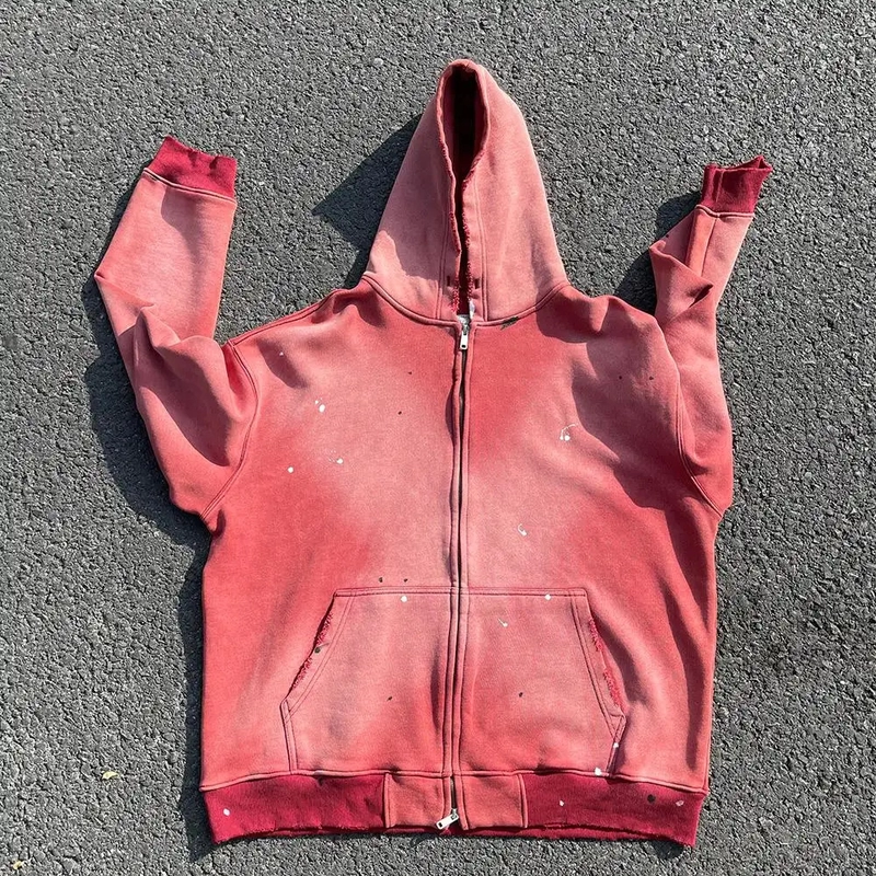 Heavyweight Oversize Crop Boxy Zip Up Stone Acid Wash Distressed Hoodie Unisex Sun Faded Zipper Vintage Hoodie