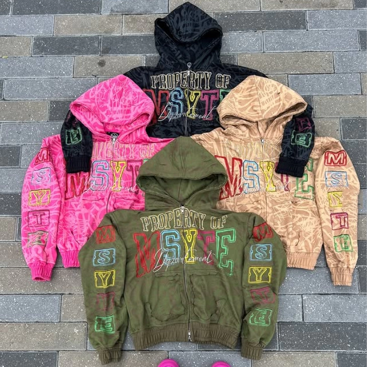 Heavyweight Cotton All Over Print Acid Washed Vintage Distressed Boxy Zip Up Hoodie