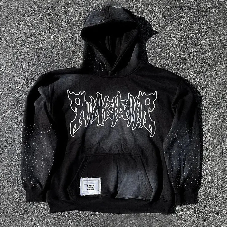 Heavyweight Cotton Hoodies Patchwork Distressed Embroidery Streetwear Oversized Boxy Pullover Hoodie