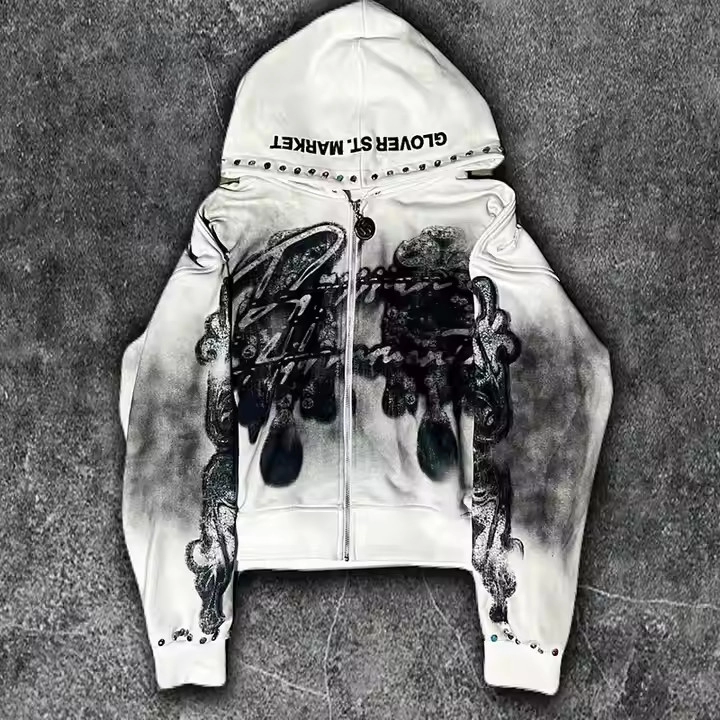 Dirty Washed Zipper Rhinestone Hoodie Men Graphic Printed Logo French Terry Streetwear Vintage Distressed Hoodie