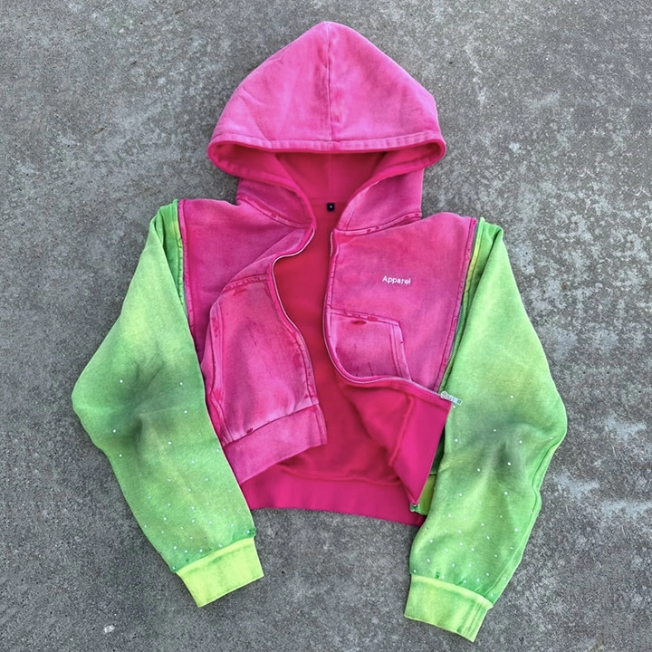 Custom Acid Wash Hoodie With Faded Distressed Design And Rhinestone Hoodie