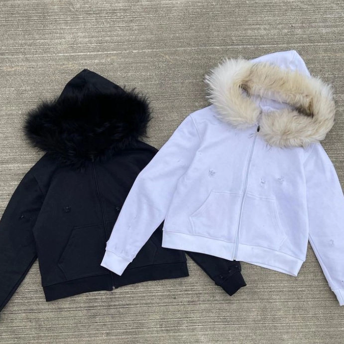 French Terry Hoodie With Fur Hood Vintage Organic Cotton Zip Up Faux Fur Hoodie