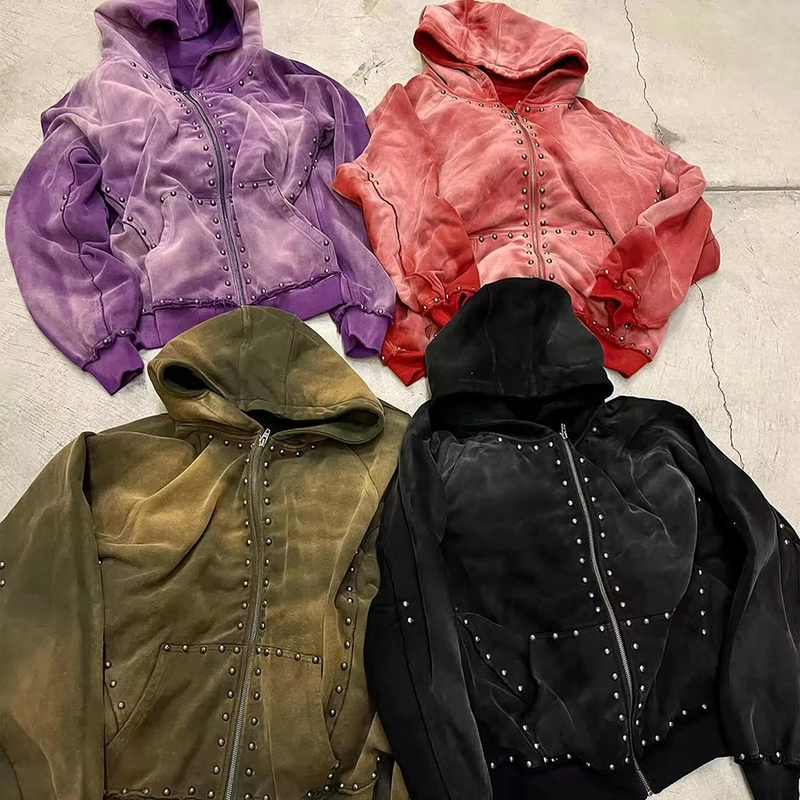 Rhinestone Bead Studded Heavyweight Stone Washed Sun Faded Zip Up Hoodie