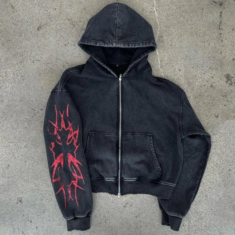 Screen Print Distressed No Drawstring Double Zip Up Acid Wash Heavy Weight Boxy Cropped Hoodie