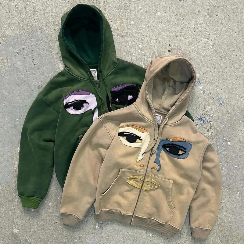 Thick Heavy Cotton Acid Wash French Terry Distressed Patch Work Embroidery Zip Up Hoodie