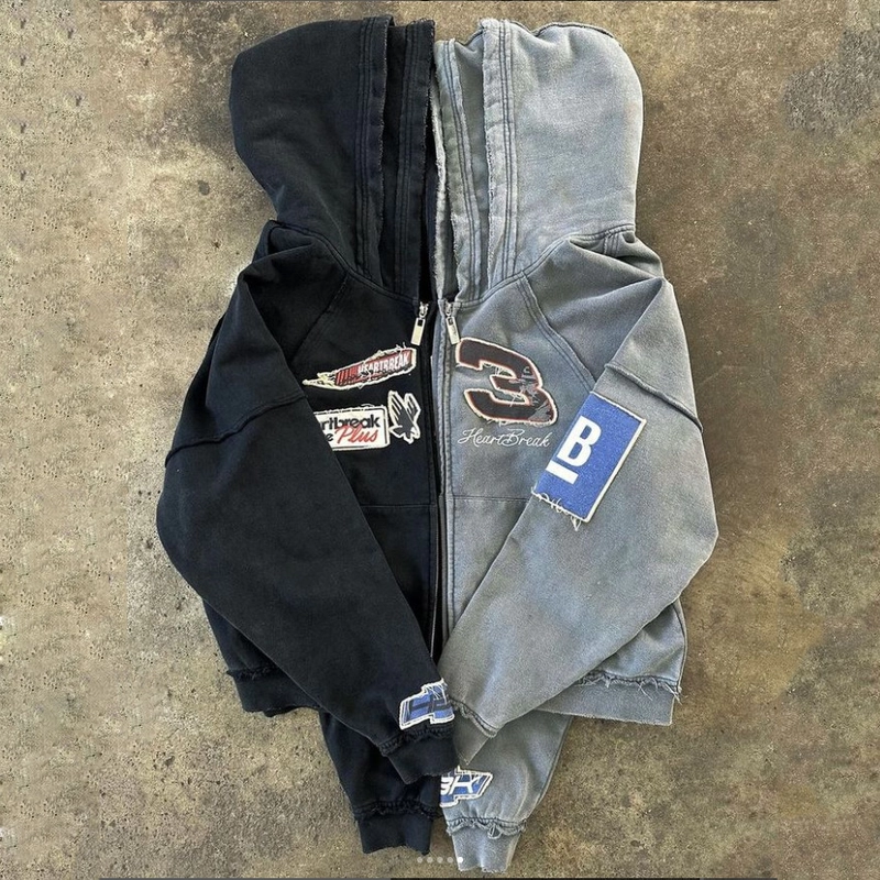 Reversible Stitch Hoodie Applique Distressed Embroidery Stone Wash Oversized Double Hooded Zip Up Hoodie