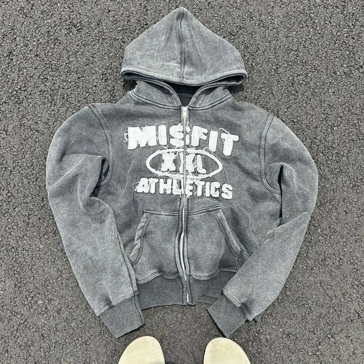 Vintage Stone Washed Applique Patchwork Embroidery Heavy Cotton Grey Cropped Zip Up Distressed Hoodie