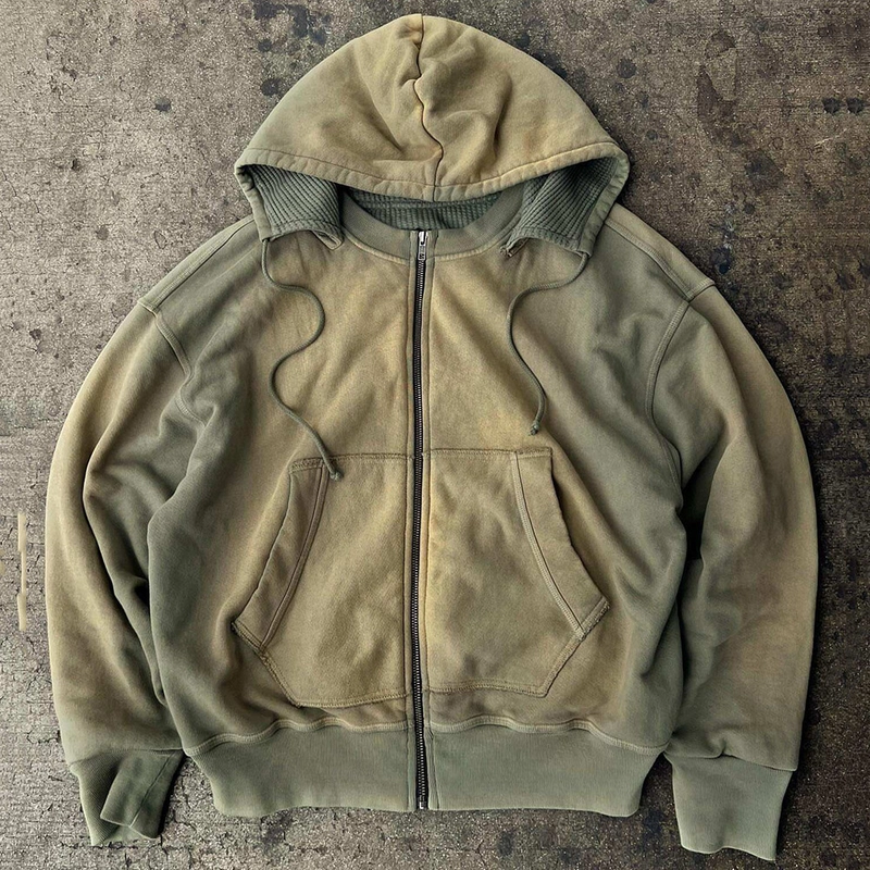 Vintage Style Printed Unisex Hoodies Fleece Blank Heavyweight French Terry Zip Up Hoodie