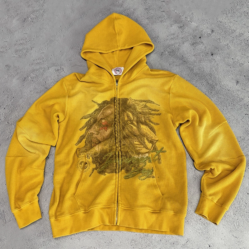 Custom Waffle Knit Zip Heavyweight Oversized Distressed Vintage Acid Wash Hoodie