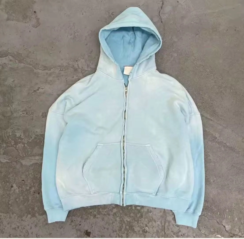 Acid Wash Hoodie Zip Up Heavyweight Sun Faded Distressed Aged Baby Blue