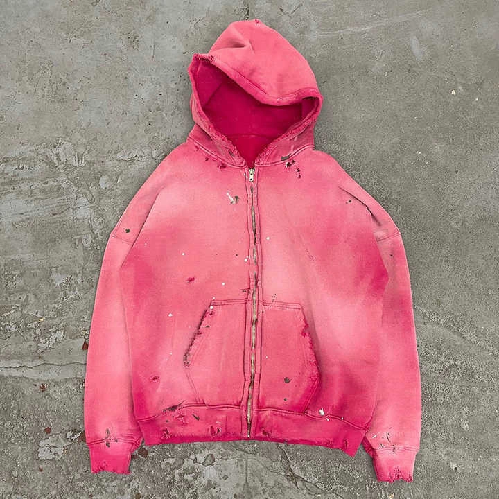 French Terry Acid Wash Zip Through Hoodie Crop Top Hoodie Double Way Zipper Pullover Patch 3D