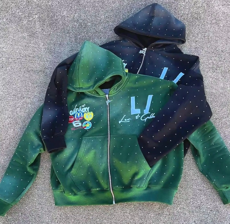 Vintage Sun Faded Acid Wash Patch Embroidery Rhinestone Boxy Fit Cropped Zip Up Hoodie Regular Sleeve