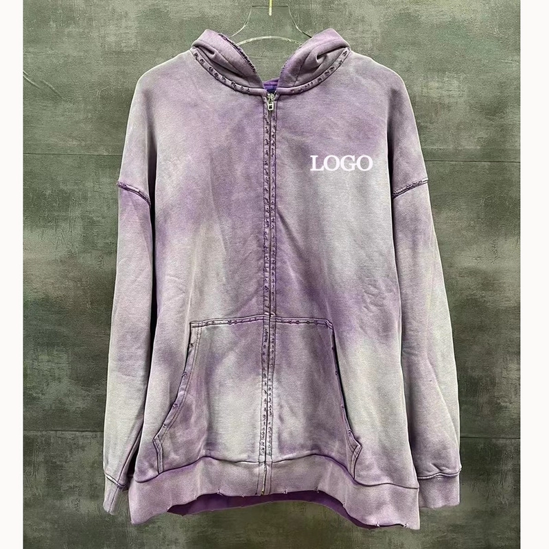 Vintage Distressed Ripped Tie Dye Zip Up Needle Detection And Custom Pattern Hoodie
