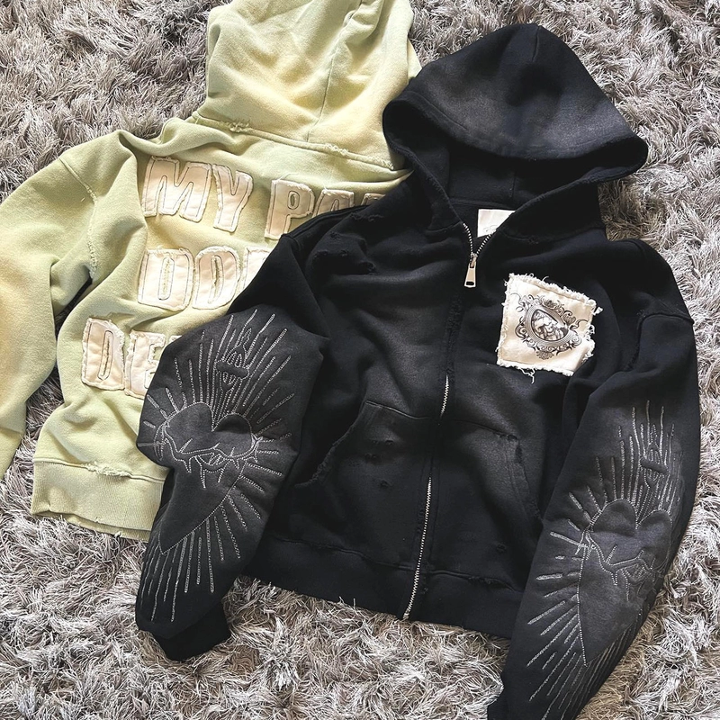 Anti Pilling French Terry Oversized Box Hoodie With Distressed Embroidery Patch