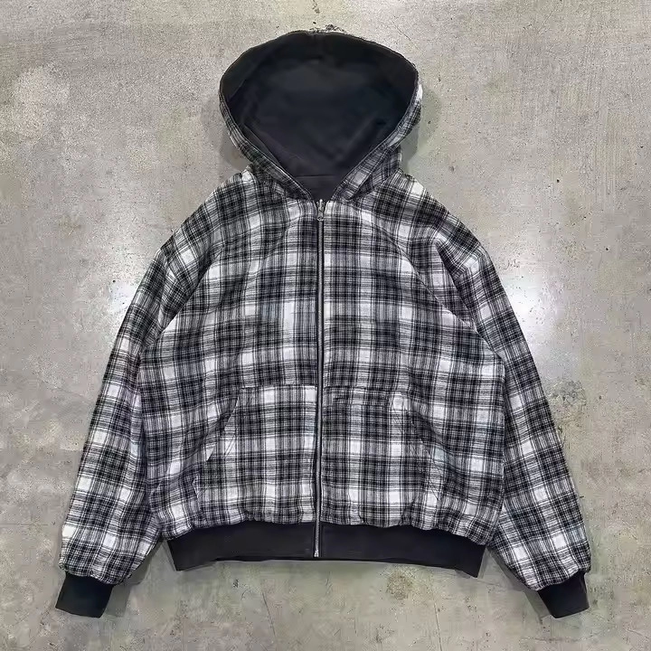Custom Acid Wash Embroidered Striped Flannel Zip Up Hoodie Jacket Double Layer Reversible Plaid Hoodie
