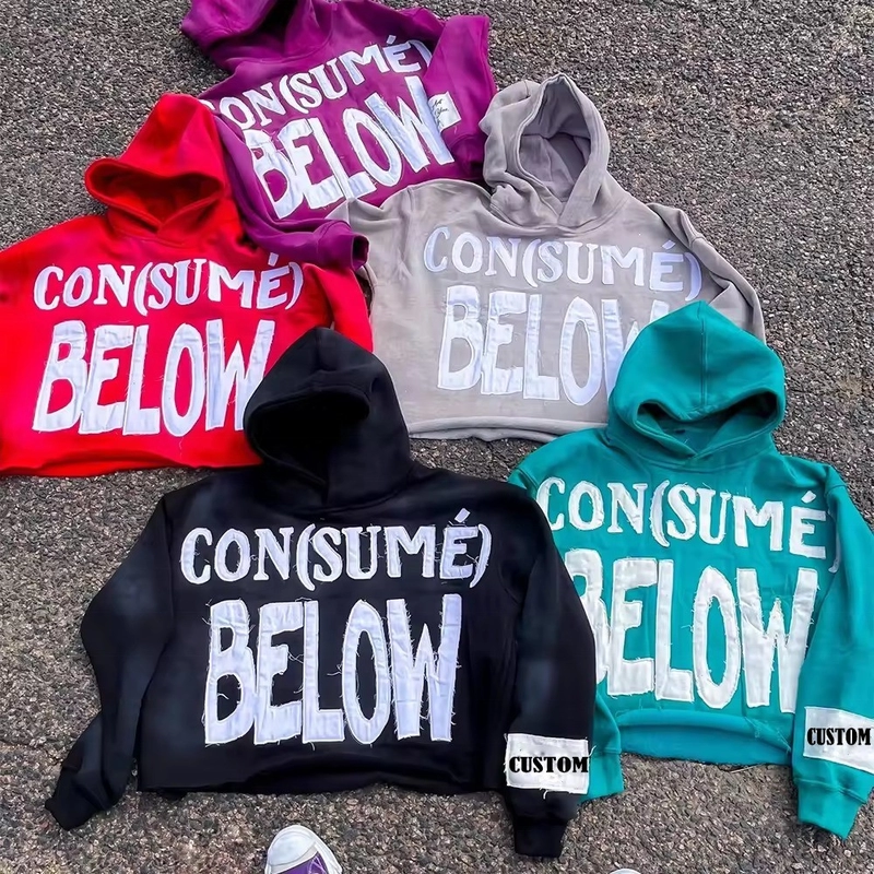 Terry Cut Raw Hem Embroidery Applique Sun Faded Acid Wash Hoodie