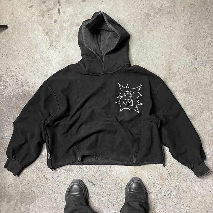 Cotton Custom Embroidered Sun Faded Cut Edge Acid Wash Cropped Hoodie