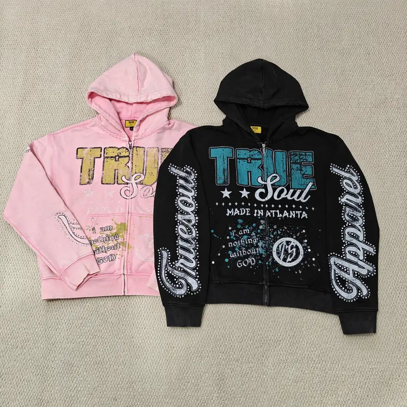Custom DTG Screen Printing Boxy Heavyweight Zipper Cotton Distressed Rhinestone Zip Up Hoodie