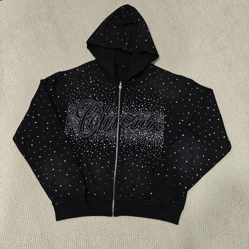 Luxury Shining Gemstone Oversized Rhinestone Zip Up Acid Wash Vintage Streetwear Zipped Hoodie