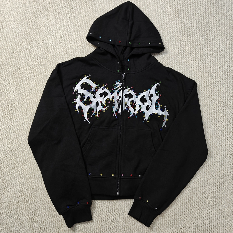 Distressed Embroidery Boxy Cropped Zipper Heavyweight Rhinestone Hoodie