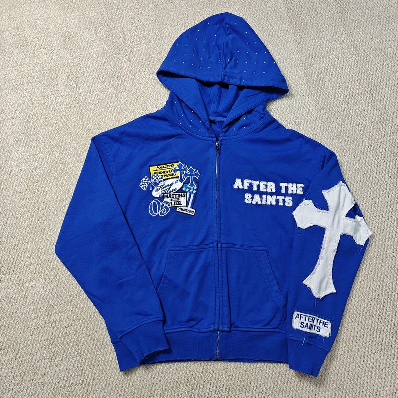 Custom Streetwear Heavyweight Distressed Embroidery Cotton French Terry Rhinestone Zip Up Hoodie