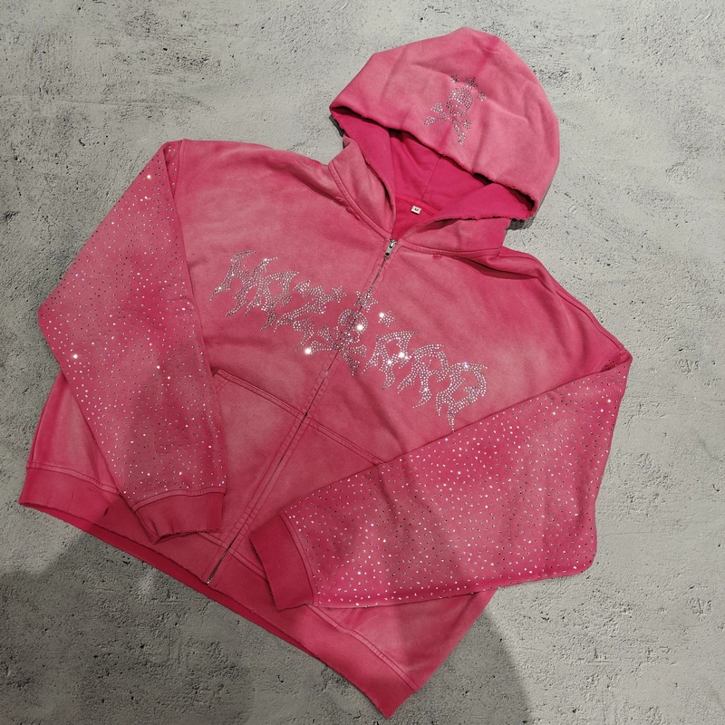 Diamond Baggy Boxy Fit Acid Wash Zip Up Vintage Heavyweight Distressed Rhinestone Hoodie