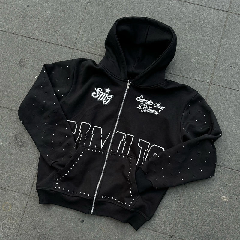 Custom Rhinestone Zip Up Thick Heavy Weight Screen Printing Logo Zipper Hoodie