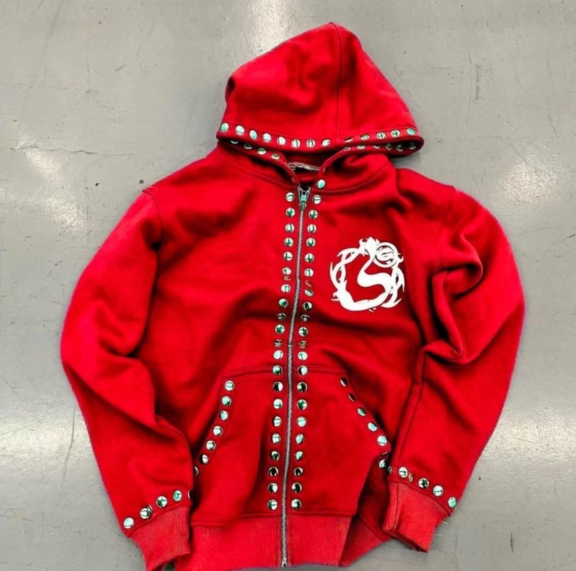 Rhinestone Zip Up Vintage Acid Wash Streetwear Hoodie