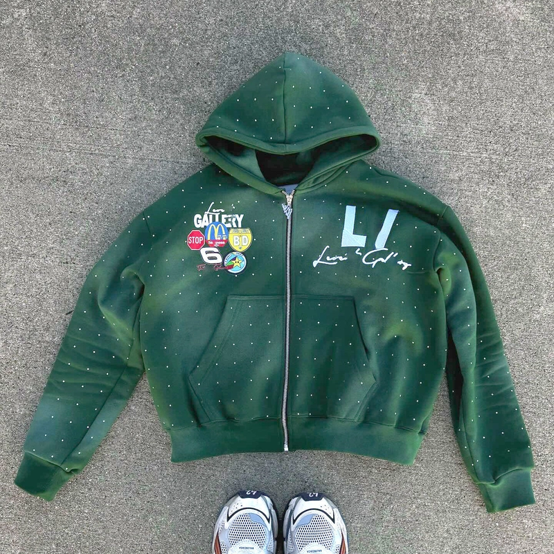 Oversized Rhinestone Black Blue Heavyweight Vintage Stone Wash Distressed Design Hoodie