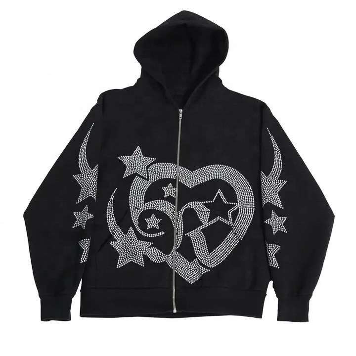 Heavyweight Rhinestone Zipper Full Zip Up Hoodie