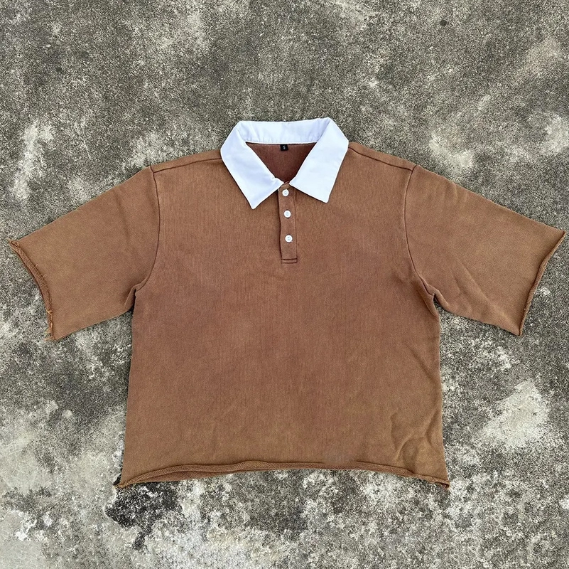 Cotton Vintage Acid Wash Boxy Cropped Homme Short Sleeve Polo T Shirt