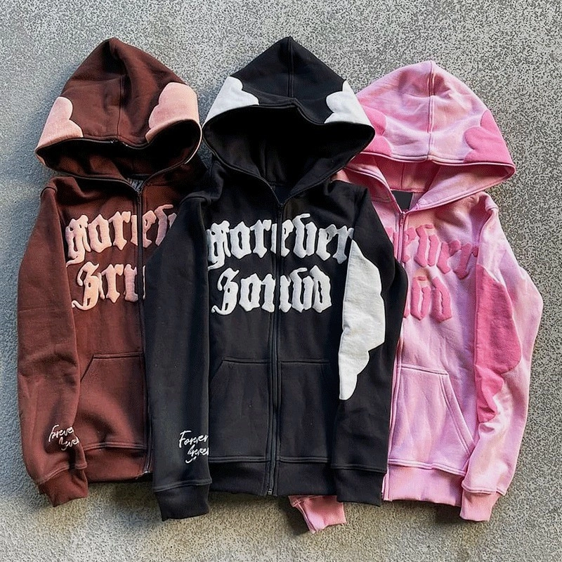 Full Face Zip-Up Puff Print Brown Heavyweight French Terry Fabric Hoodie