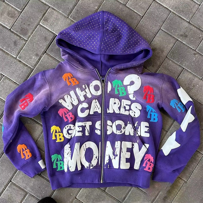 Zipper Puff Print Vintage Washed Heavyweight Oversized Raw Hem Hoodie